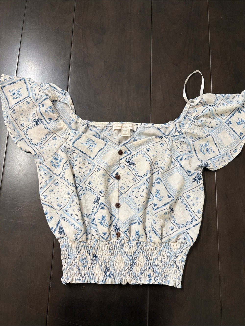 Monteau White and Light Blue Floral Off-Shoulder Crop Top